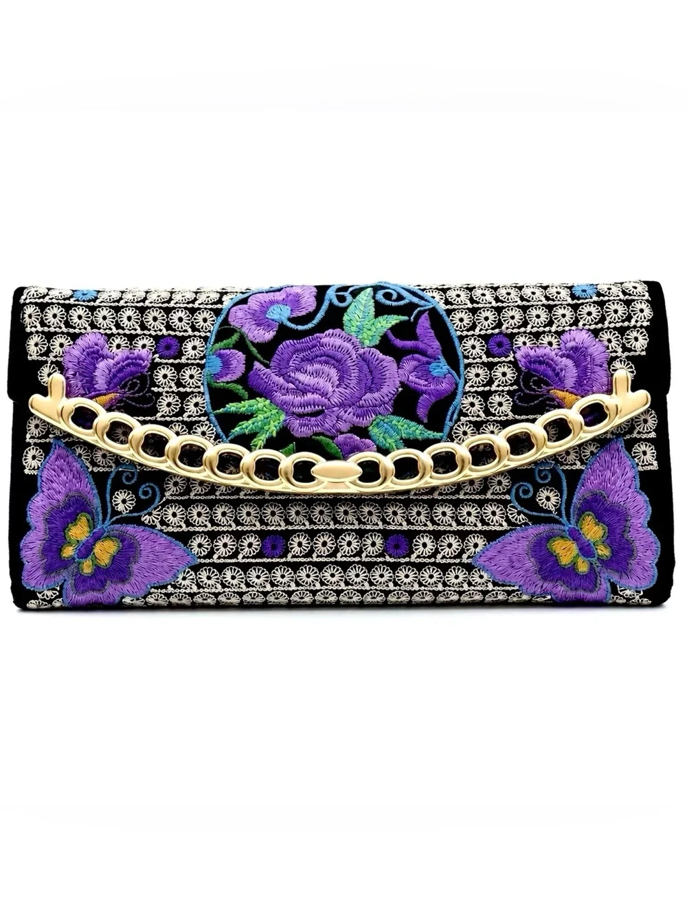 “Purple Embroidered Roses” Flower Butterfly Ethnic Asian Clutch Checkbook Wallet